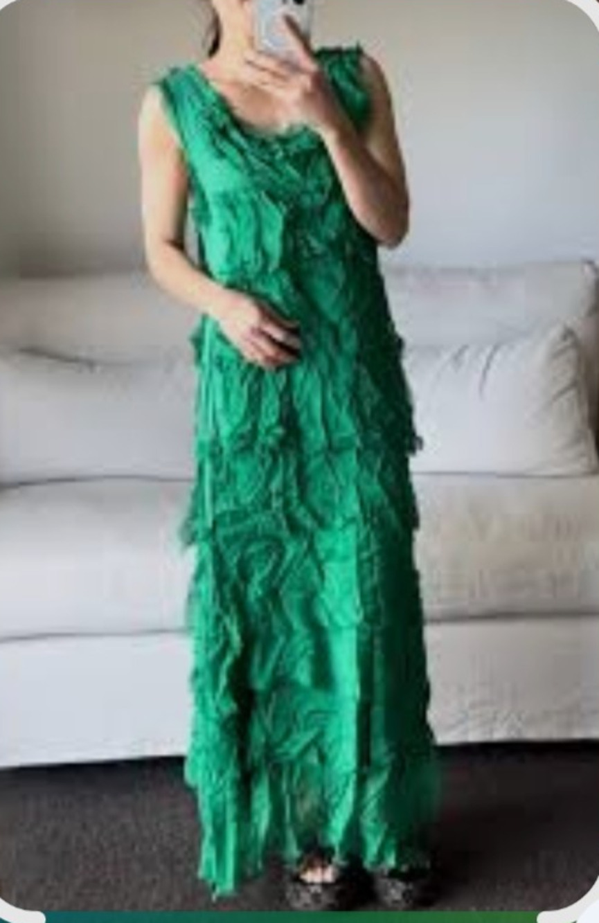 Gigi Moda Elisa Silk Maxi Dress Green Italy One Size Lagenlook Fairycore Ruffle